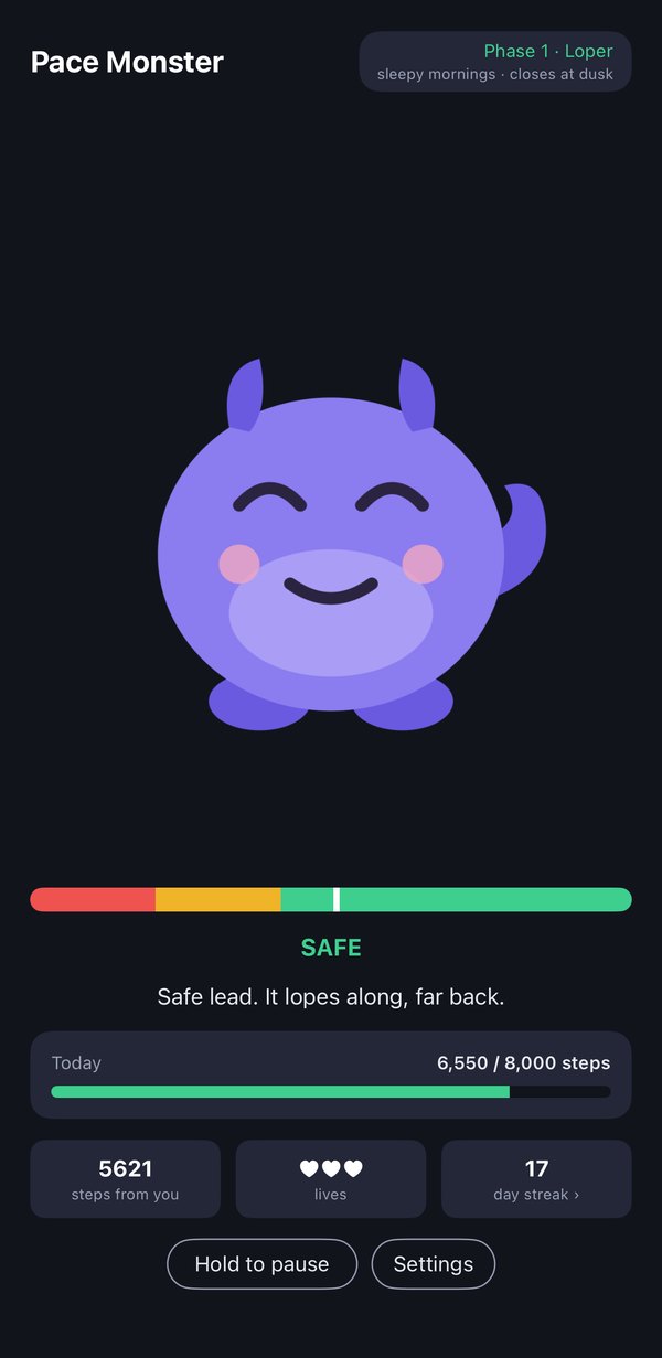 Pace Monster home screen: the monster lopes along far behind, the chase meter reads SAFE, 6,550 of 8,000 steps today
